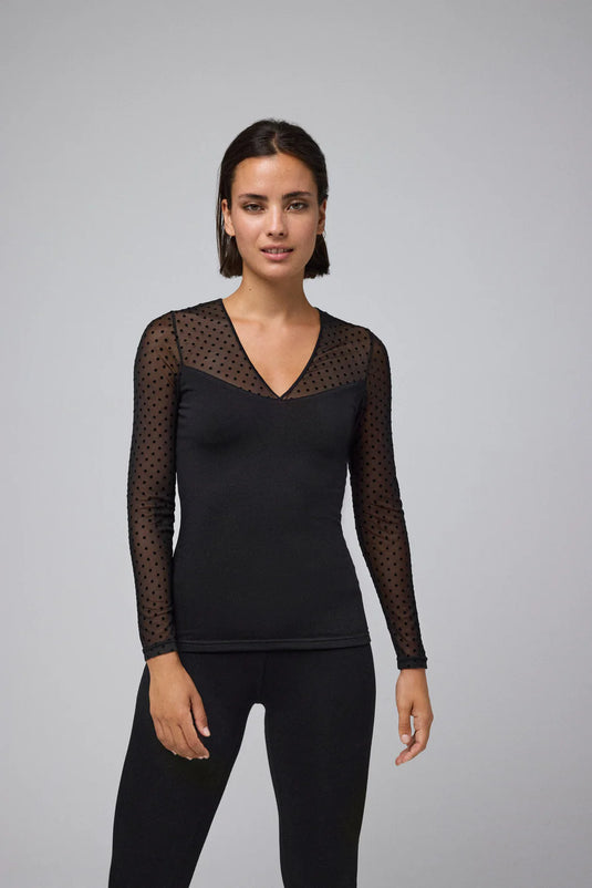 Camisola  Térmica Manga Comprida com Detalhe de Tule Preto