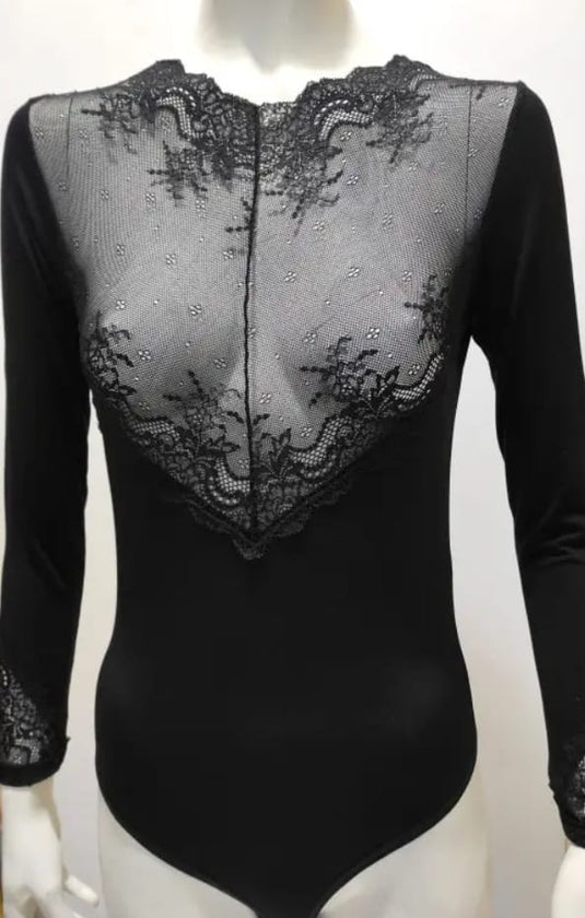 Body de Manga Comprida em Modal renda em bico