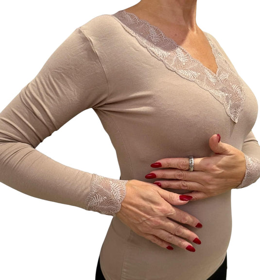 Camisola de Manga Comprida com Decote em Renda