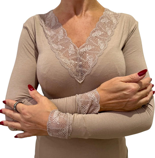 Camisola de Manga Comprida com Decote em Renda