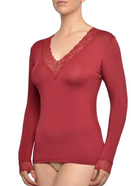 Camisola de Manga Comprida com Decote em Renda