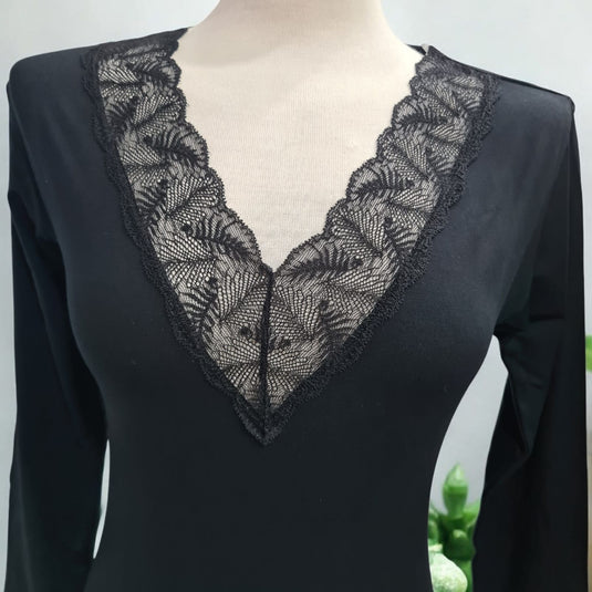 Camisola de Manga Comprida com Decote em Renda